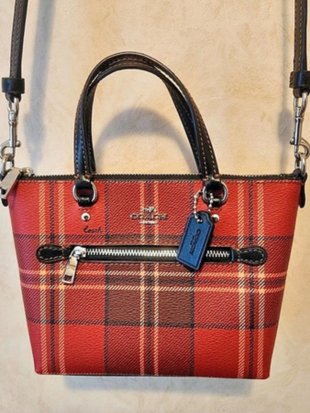 COACH Mini Tote Plaid Print Red & Black